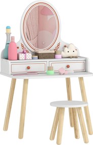 AIYAPLAY gyerek sminkasztal ülőkével és tükörrel — fiókos, akasztós készlet lányoknak, 3–8 éves korig — fehér | Aosom