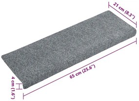 15 db öntapadós lépcsőszőnyeg, 65 x 21 x 4 cm, világosszürke, téglalap alakú széllel