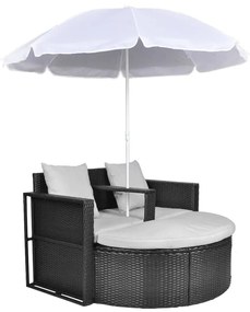 Fekete polyrattan kerti ágy napernyővel