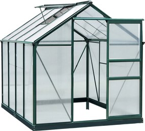 Outsunny Alumínium Melegágy Tetőablakkal, Ajtóval 190 x 252 x 201 cm - Növényház Alappal, Beléphető Paradicsom Melegágy Időjárásálló Polikarbonát Zöld
