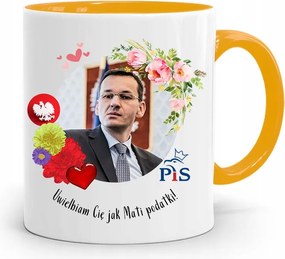 Sárga Politikus Bögre Mateusz Morawiecki Miniszterelnök fényképes nyomtatással