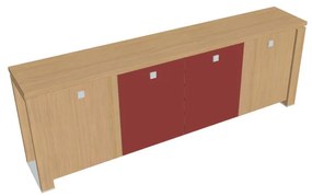 Verno+ S alacsony szekrény 260 x 46 x 90 cm, kombinált ajtó, világos tölgy / piros