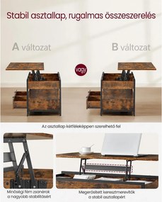 VASAGLE felnyitható dohányzóasztal 2 fiókkal, 3 rejtett rekesszel és polccal, 100 x 50 x 48–63 cm, rusztikus barna/tintafekete