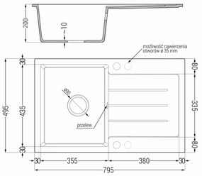 Mexen Bruno, 1 kamrás gránit mosogató 795x495x200 mm és Flora mosogató csaptelep, fehér, 6513-20-670401-07-B