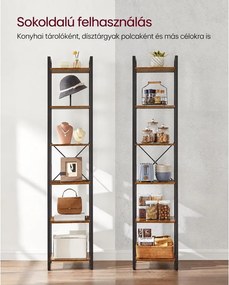 6 szintes könyvespolc, nyitott polcok, álló polc, 40 x 30 x 187,5 cm, rusztikus barna és fekete