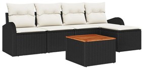 6 Részes Kerti Sofa Szett Párnákkal Fekete Poli Rattan Akácián
