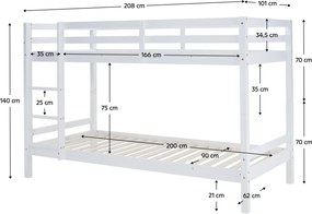 Emeletes ágy, 90x200, tömör fa, fehér, INEZA