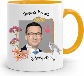 Sárga Politikus Bögre Mateusz Morawiecki Miniszterelnök fényképes nyomtatással