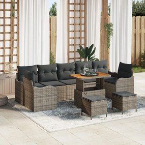 10 Darabos Kerti Sofa Szett Párnákkal Szürke Poli Rattan Akácia