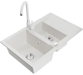 Mexen Gaspar, 1,5 kamrás gránit mosogató csepptálcával 74x48 cm konyhai csaptelep Telma, fehér, 6507-20-670200-20