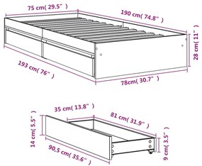 fekete szerelt fa ágykeret fiókokkal 75x190 cm