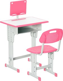 HOMCOM Gyerek Íróasztal és Szék Szett 6-12 Éveseknek - Magasságállítható Íróasztal 1 Fiókkal, 1 Ceruzatartóval és 1 Könyvespolccal Acél 60x45x90-102 c