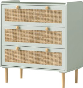 HOMCOM 3-Fiókos Komód Bohemian Stílusban, Fából készült Rámával, Rattan Dresser a Hálószobába, Nappaliba, Előszobába, 80 x 40 x 87,5 cm, Olívazöld | A