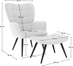 Fotel lábtartóval, világos szürke Velvet szövet/fekete, HABEN