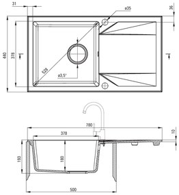 Deante Evora, gránit munkalap 780x440x193 mm, 3,5"+ helytakarékos szifon, 1kamrás, homokos, ZQJ_7113