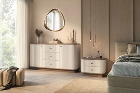 Vesper komód 160 cm fiókokkal szegélytalpon - kasmír / dió / fekete fogantyúk