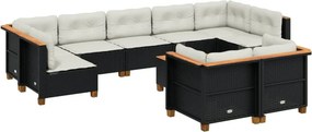 vidaXL 10 részes fekete polyrattan kerti ülőgarnitúra párnákkal