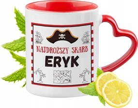 Piros bögre szív alakú füllel Eriknek ajándékba