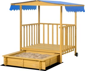 Outsunny Tetővel Ellátott Homokozó, Fa Homokozó Játszóházzal, 133 x 129 x 137.5 cm, Kerekekkel Gyerekeknek 3-8 Év, Kert, Természetes | Aosom