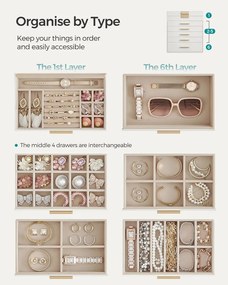 Üveglapos ékszerdoboz, 6 szintes, 5 fiókos, modern stílusban, fehér-arany