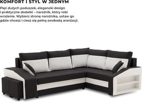 Grande sarokkanapé polcokkal és puffokkal , polc a jobb karfaban puffok a bal karfaban, jobboldali, szövet anyag, hab töltet, fekete - fehér