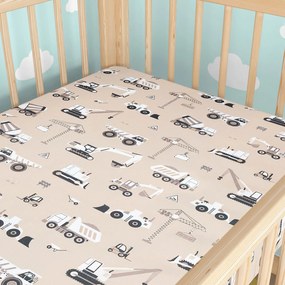 Goldea gyerek körgumis pamut lepedő kiságyba - teherautók és markolók bézs alapon 60 x 120 cm
