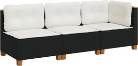 vidaXL fekete 3 személyes polyrattan kerti kanapé párnákkal