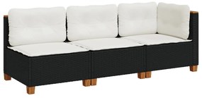 vidaXL fekete 3 személyes polyrattan kerti kanapé párnákkal