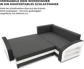 Grande sarokkanapé polcokkal , polc a jobb karfaban, jobboldali, szövet anyag, hab töltet, szürke - fehér