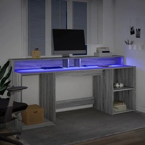 szürke sonoma színű szerelt fa íróasztal LED-ekkel 200x55x91 cm
