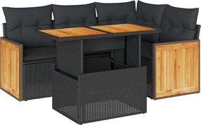 vidaXL 5 részes fekete polyrattan akácfa kerti kanapészett párnákkal
