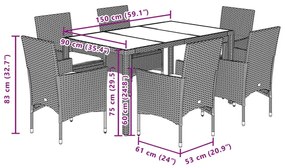 7 részes fehér polyrattan/üveg kerti étkezőgarnitúra párnával