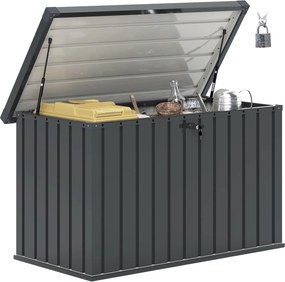 Outsunny 400L Külső Tárolódoboz Kettős Gázrugós Fedéllel, Zárral és 2 Kulccsal, Vízálló Galvanizált Acél Tárolódoboz, 124x66x72 cm, Sötétszürke | Aoso