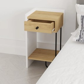 Fehér-natúr színű éjjeliszekrény tölgyfa dekorral Mercure – Marckeric