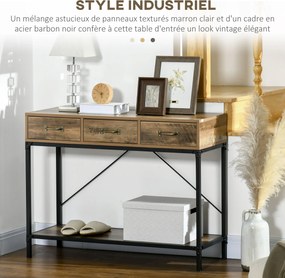 HOMCOM Konzol Asztal, Előszoba Asztal, Végi Asztal, Szénacél Váz, Könnyű Összeszerelés, 3 Fiókkal és 1 Fa Mintás Tálcával, Ipari Dizájn, 100 x 35 x 76