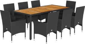 vidaXL 9részes fekete polyrattan/akácfa kerti étkezőgarnitúra párnákkal