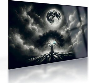 Üveg kép – Fekete-fehér fa teliholdban (70x50 cm)