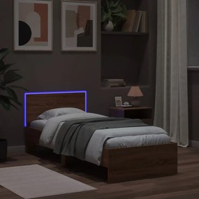 barna tölgy színű ágykeret fejtámlával és LED-ekkel 75 x 190 cm