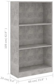 3 szintes betonszürke szerelt fa könyvszekrény 60x24x109 cm