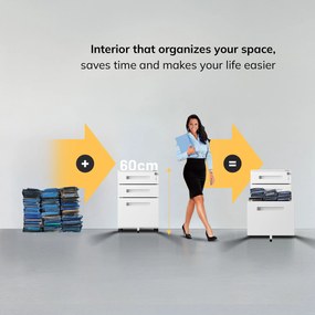 Fém gurulós konténer íróasztal alá KATE 390 x 600 x 500 mm, fehér