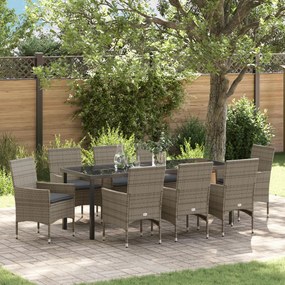 9 Fős Kerti Étkezőgarnitúra Párnákkal Szürke Poli Rattan, Kerti Asztal Fekete 200x80x73 cm Edzett Üveg