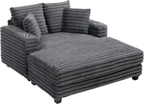 HOMCOM 2 személyes chaise kanapéágy, szürke kordbársony, díszpárnákkal, kartámaszokkal és pohártartókkal – 134 x 151 x 89 cm | Aosom