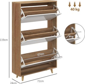 HOMCOM 3-ajtós cipőtároló, állítható polccal, 72 x 24 x 119 cm, Természetes és fehér | Aosom