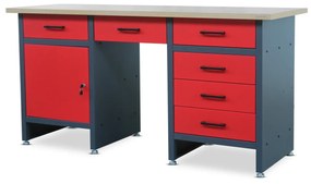 Fiókos műhelyasztal FRANK, 1700 x 850 x 600 mm, antracit-vörös