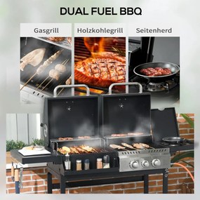 Outsunny Gázgrill, hőmérővel és melegen tartó tányérokkal, fekete és ezüst