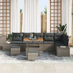 9 részes kertibútor szett párnákkal szürke poli rattan akác, 2-fős kertibútor párnákkal szürke poli rattan, 3 részes kert dining szett párnákkal szürke poli rattan akác
