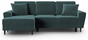 Petróleum színű bársony kinyitható tárolóhelyes sarokkanapé (bal oldali-heverő résszel) Kyoto – Cosmopolitan Design