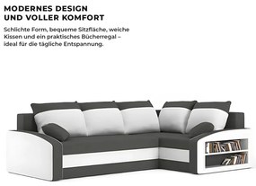 Grande sarokkanapé polcokkal , polc a jobb karfaban, jobboldali, szövet anyag, hab töltet, szürke - fehér