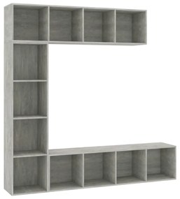 3-részes betonszürke könyv-/TV-szekrényszett 180 x 30 x 180 cm