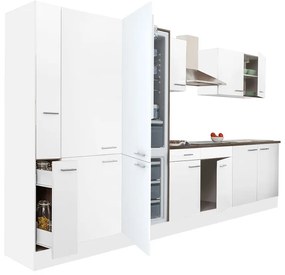 Yorki 360 konyhabútor fehér korpusz,selyemfényű fehér fronttal polcos szekrénnyel és alulfagyasztós hűtős szekrénnyel